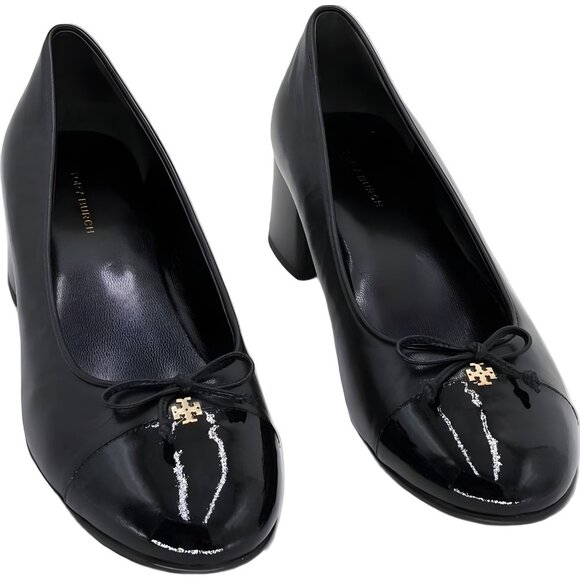 Tory Burch Cap-Toe Ballet Pumps Black Block Heel Women's US 8 - Picture 1 of 6